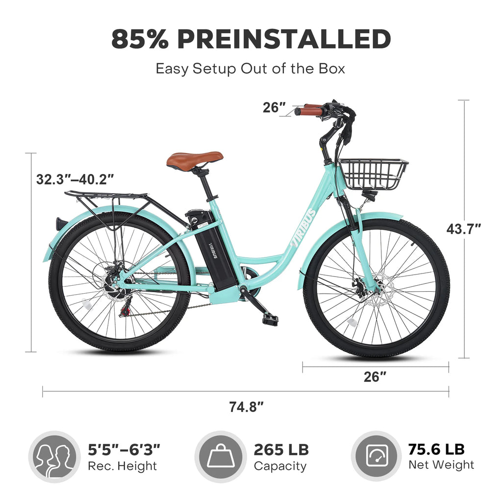 VIRIBUS 26" Electric Bike Bicyle 7 Speed Adults ebike for Women Women Bike Motor