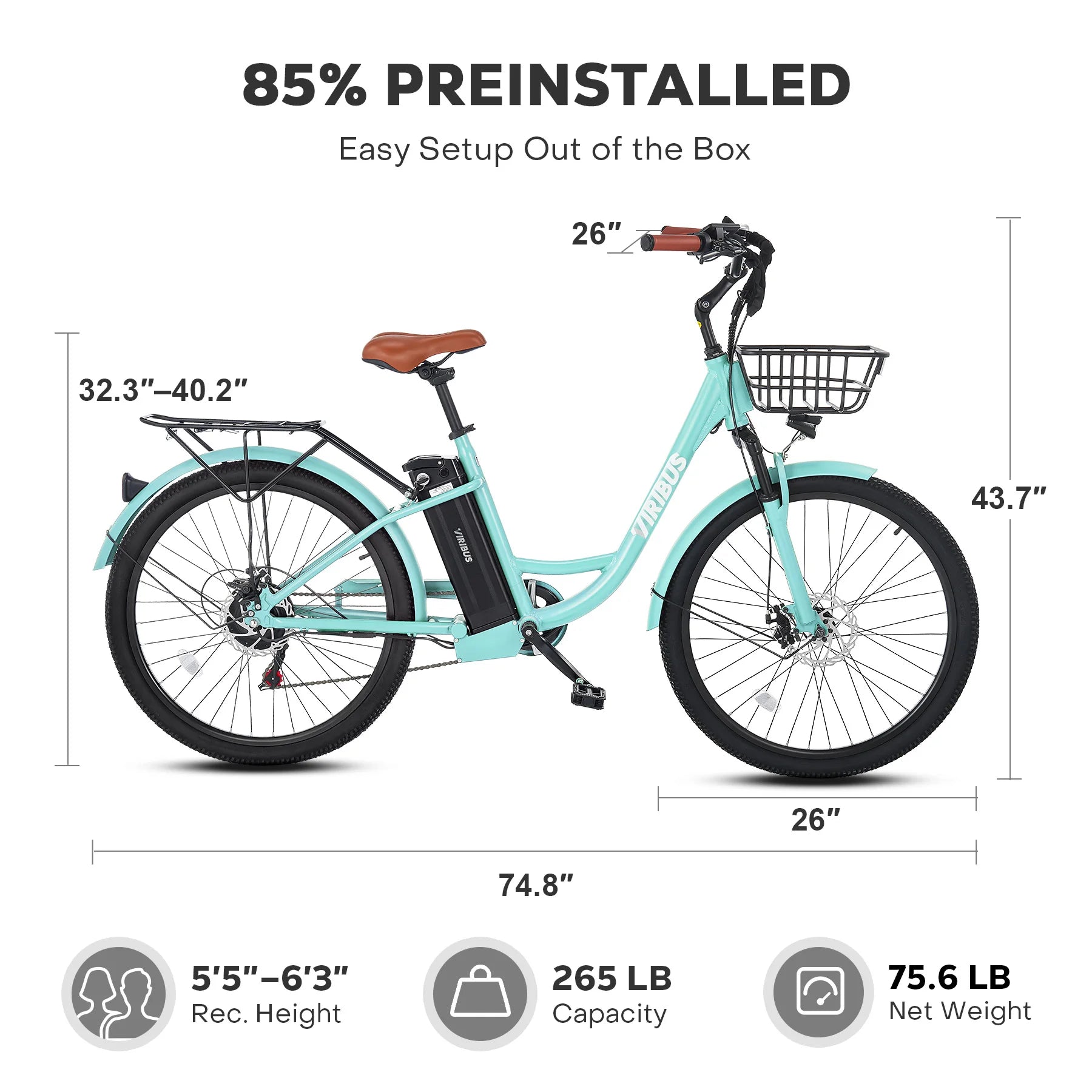 VIRIBUS 26" Electric Bike Bicyle 7 Speed Adults ebike for Women Women Bike Motor