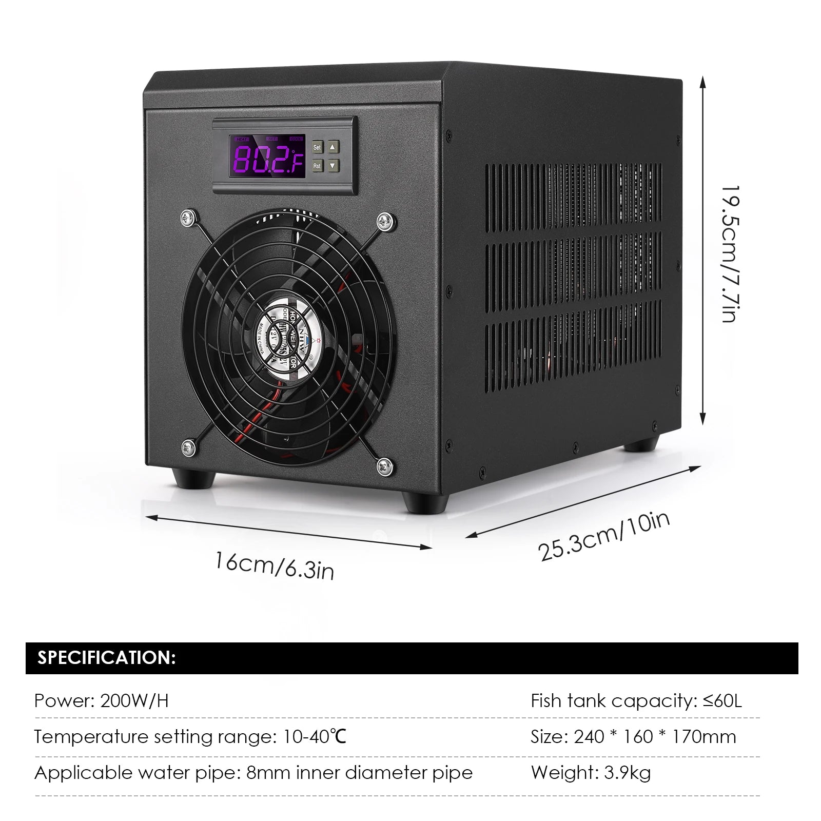 60L Aquarium Water Chiller Fish Tank Cooler Heater System 10-40℃ Temperature Setting Constant Quiet Home Fish Shrimp Breeding