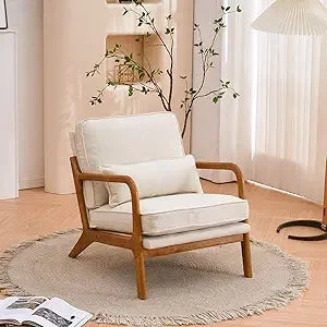 Accent Chair Mid-Century Modern Chair with Pillow Linen Fabric Upholstered Lounge Arm Chair with Solid Wood Frame & Soft Cushio