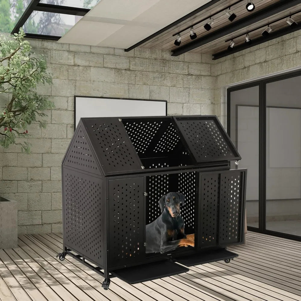 44'' indestructible heavy duty roof dog crate - steel construction with lockable double door - indoor kennel for large dogs with