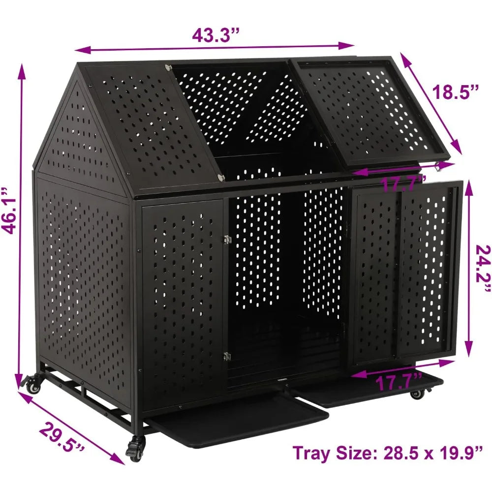 44'' indestructible heavy duty roof dog crate - steel construction with lockable double door - indoor kennel for large dogs with