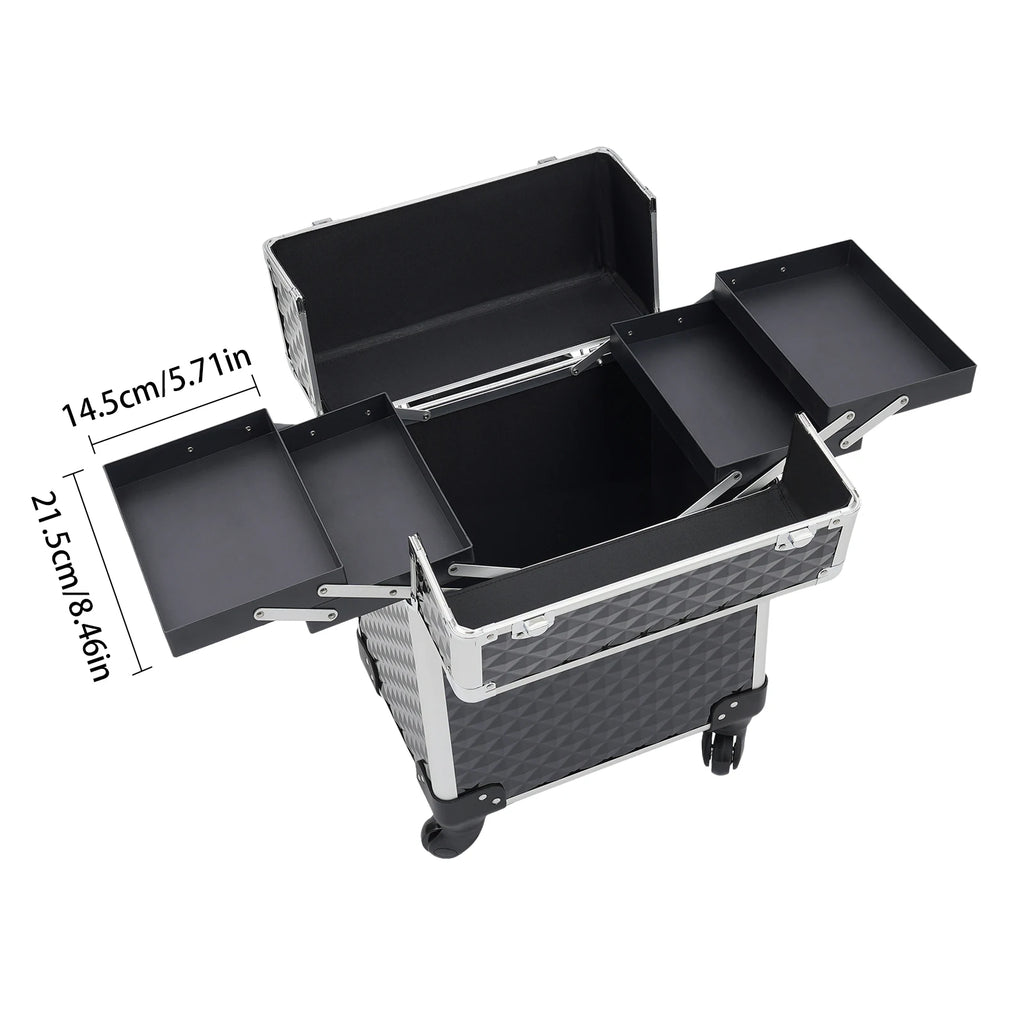 Professional Rolling Makeup Case - Black, Multi-Functional with High Load Capacity