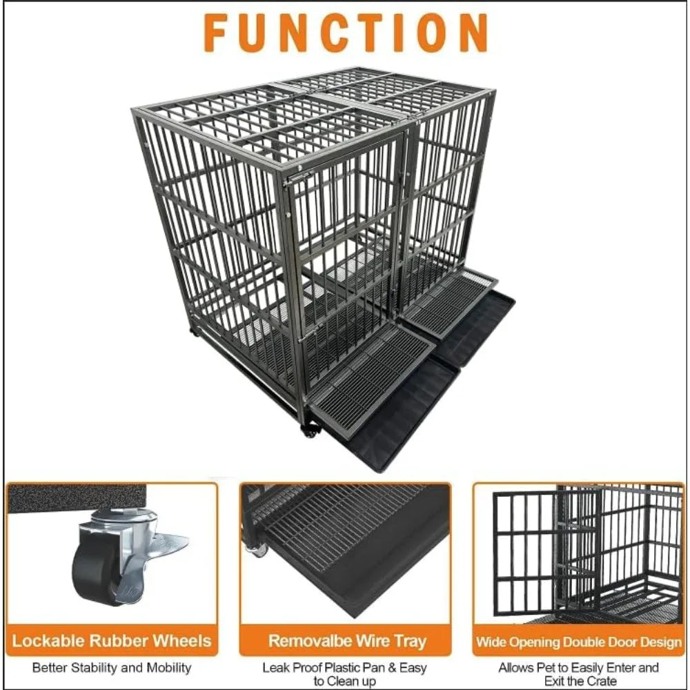 Heavy-Duty 54/48/42/38 Inch Dog Crate with Wheels, Indestructible Steel Kennel for Indoor Use, Ideal for High Anxiety Dogs