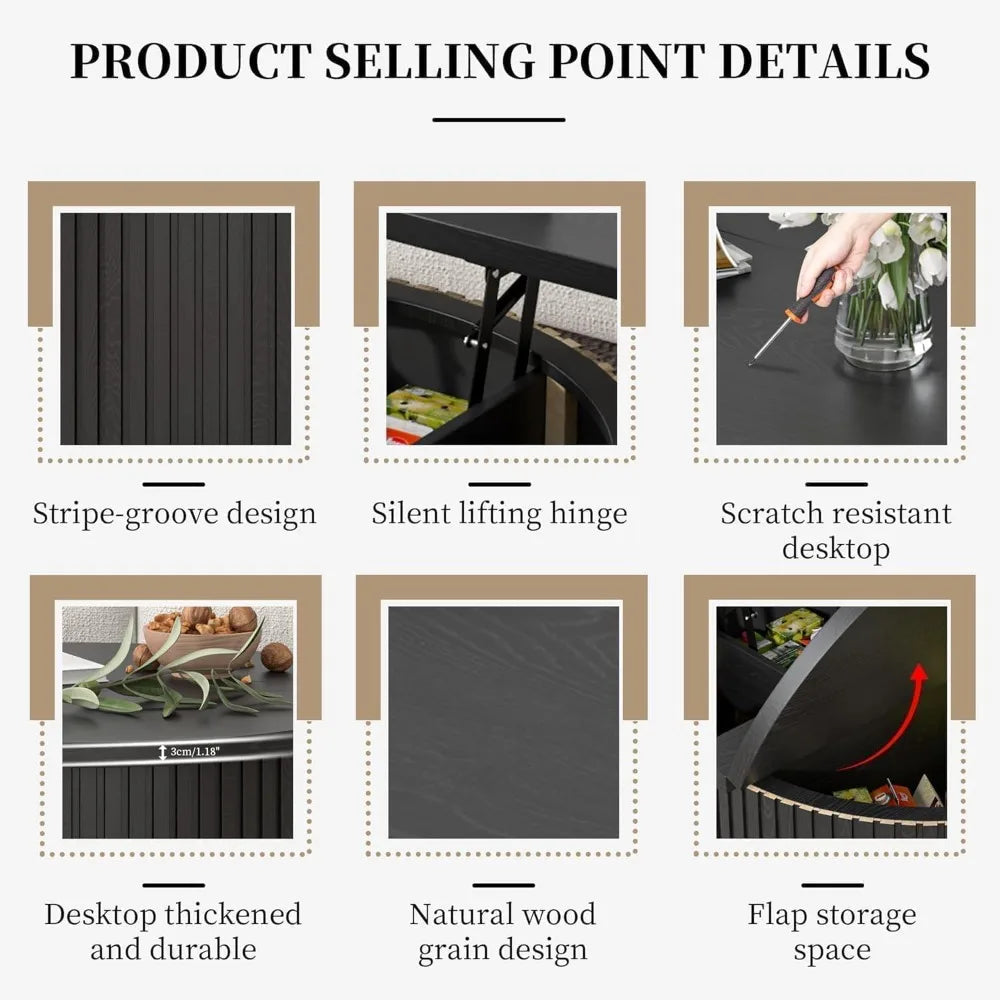 Contemporary 31.6 Inch Round Lift Top Coffee Table with Concealed Storage for Living Room, Circular Wooden Fluted Centerpiece