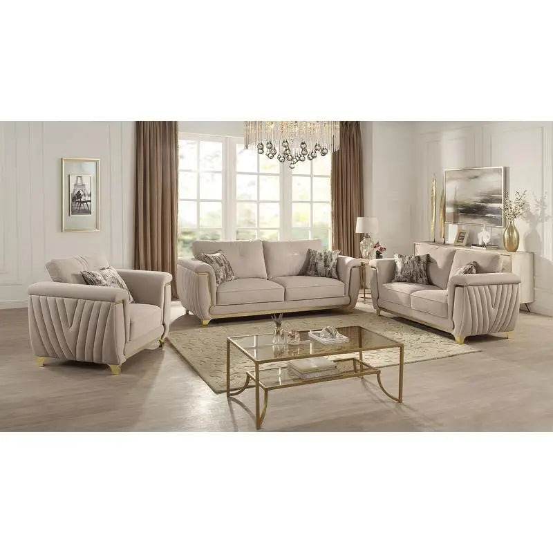 Contemporary Upholstered Chair, Wood Frame with Gold Accents, Beige Fabric