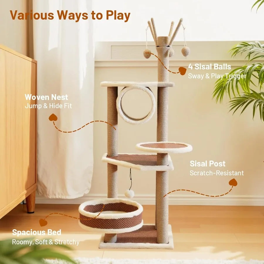 Modern Rattan Cat Tree House Condo Tall Heavy Duty Cat Climbing Tower with Scratching Post Basket Bed and Stand for Indoor Larg