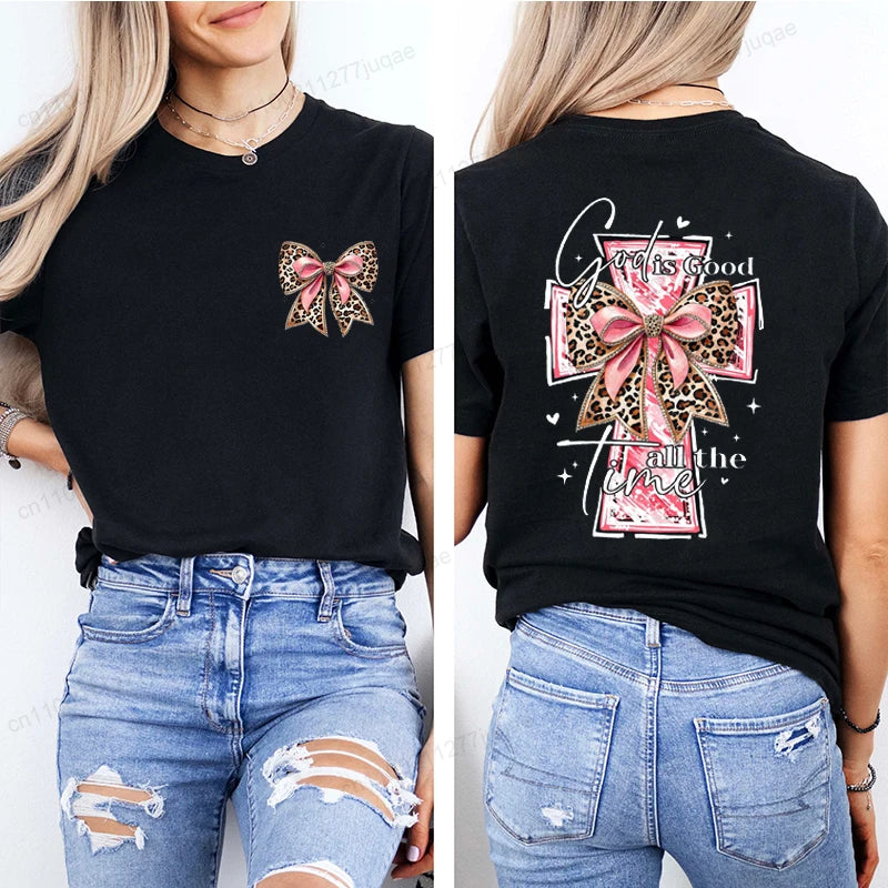 God Is Good All The Time Trend Women Fashion Clothing Graphic T-shirts Clothes Boho Christian Bible Verse Print Shirt Casual Tee