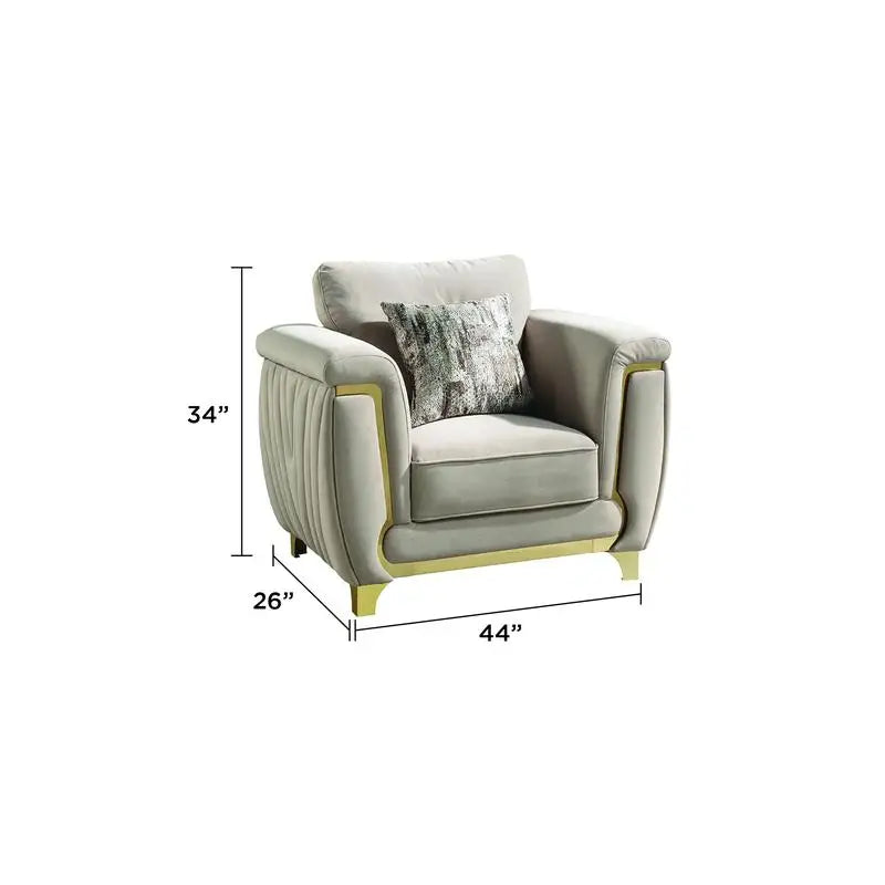 Contemporary Upholstered Chair, Wood Frame with Gold Accents, Beige Fabric