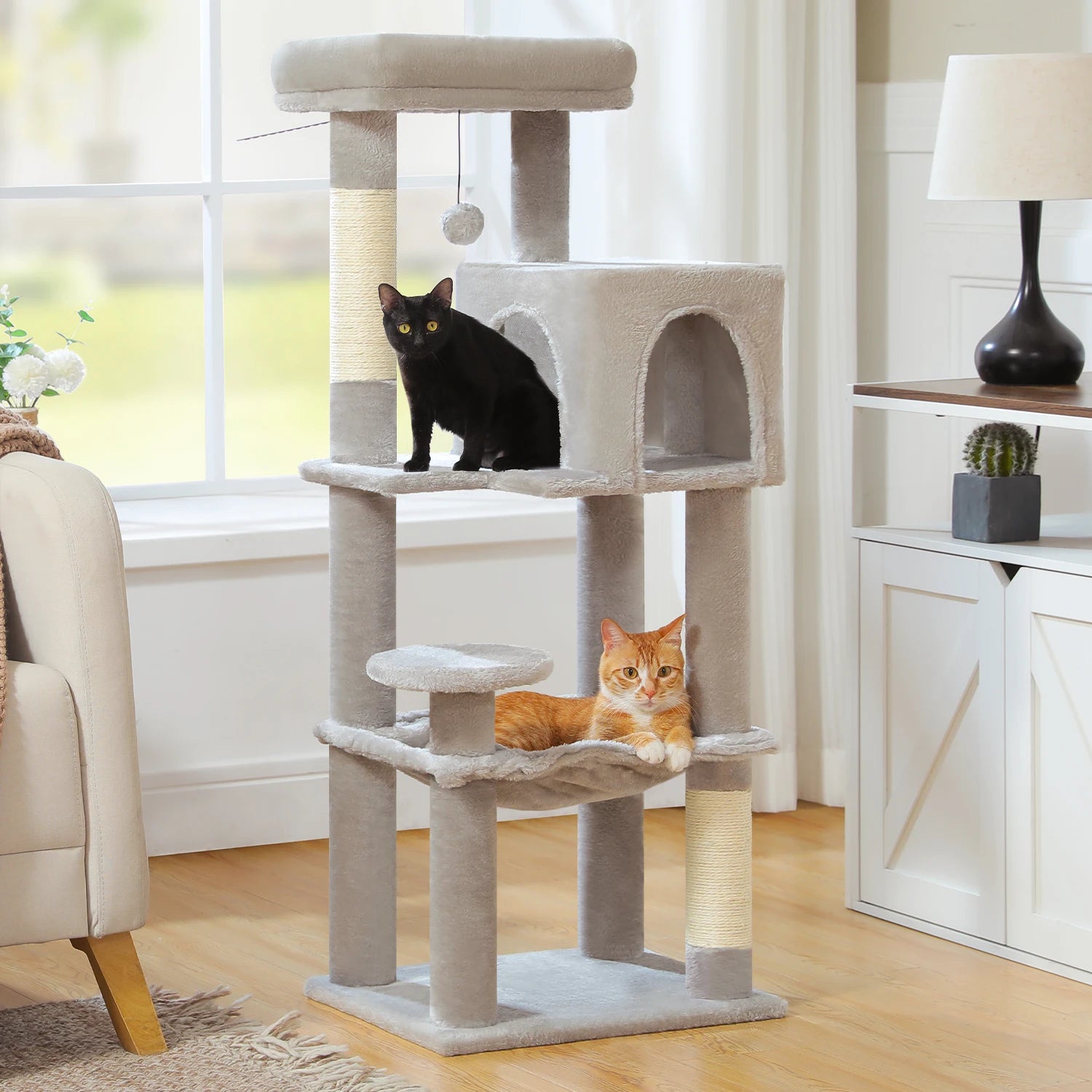 5-Level Cat Tree 113cm Cat Tower with Top Perch,Soft Condo,Natural Sisal Scratching Post,Attractive Pompom,Anti-tip kit,Hammock