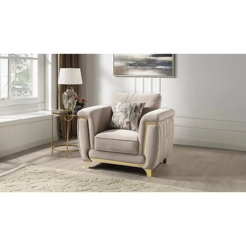 Contemporary Upholstered Chair, Wood Frame with Gold Accents, Beige Fabric