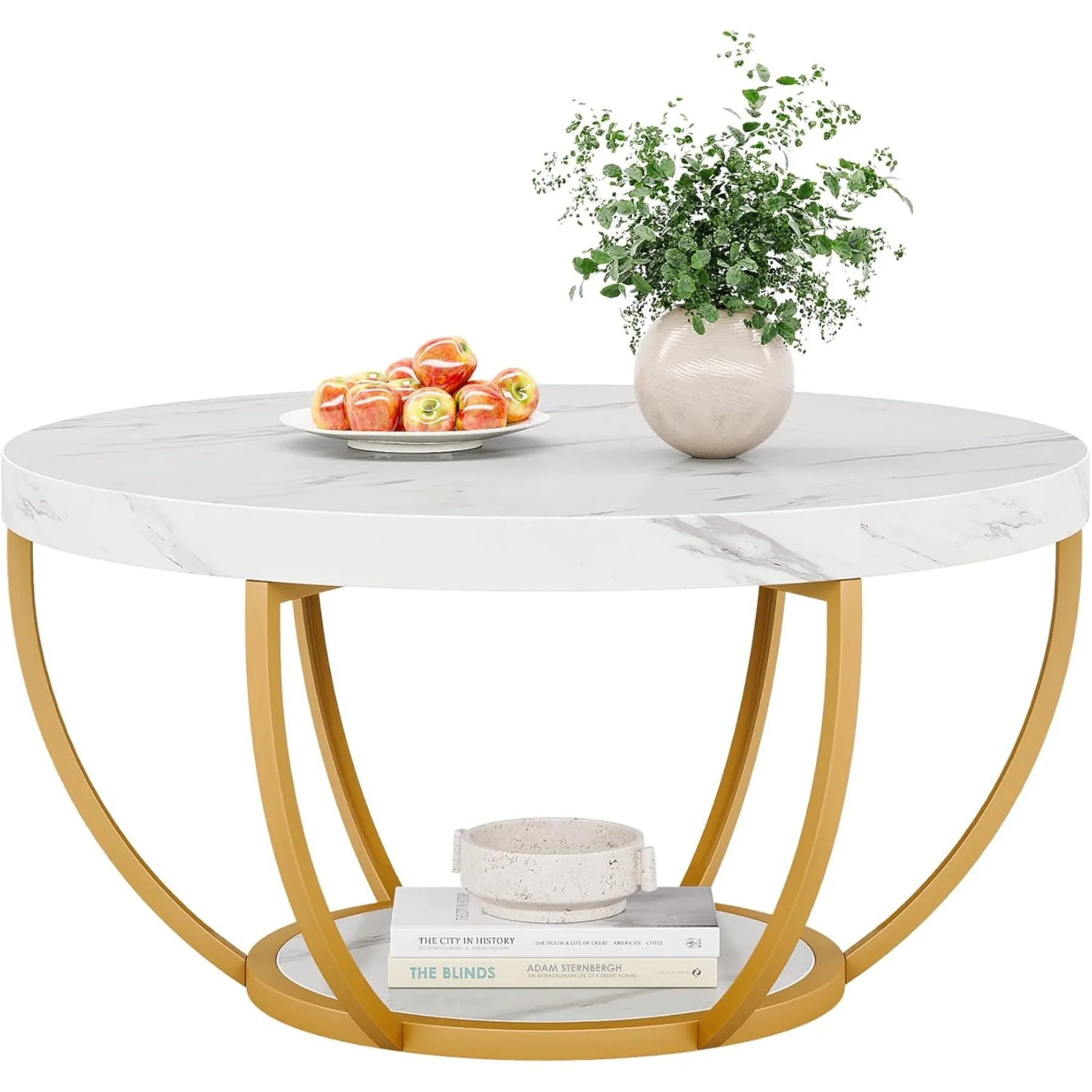 2 Tier Coffee Table with Faux White Marble and Golden Metal Legs, Circle Center Table Tea Table Accent Furniture for Living Room