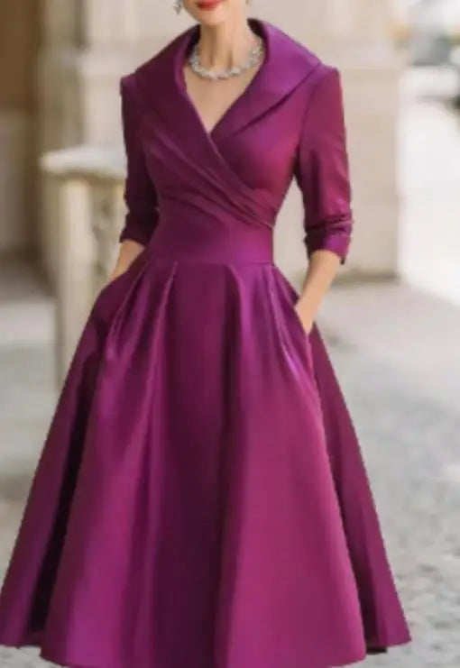 Women's Dress 2025 Elegant Temperament Waist Tied Dress Autumn Lapel Solid Color High Waist Slim Fit Long Sleeved Banquet Dress