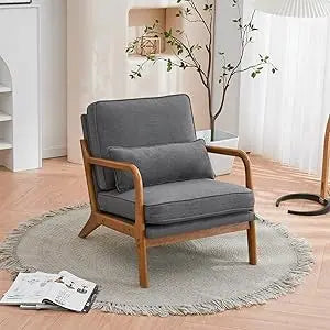 Accent Chair Mid-Century Modern Chair with Pillow Linen Fabric Upholstered Lounge Arm Chair with Solid Wood Frame & Soft Cushio