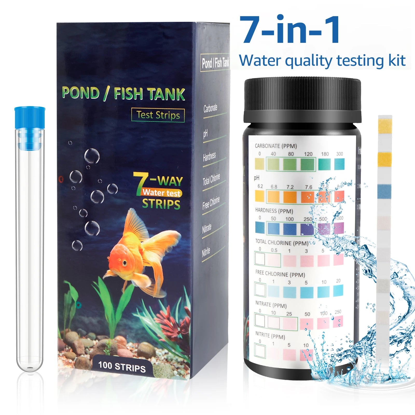 100Pcs Aquarium Test Strips Water Quality Test Strip 7/in1 Fish Tank Test Kit Freshwater Saltwater Aquarium Water pH Test Strips