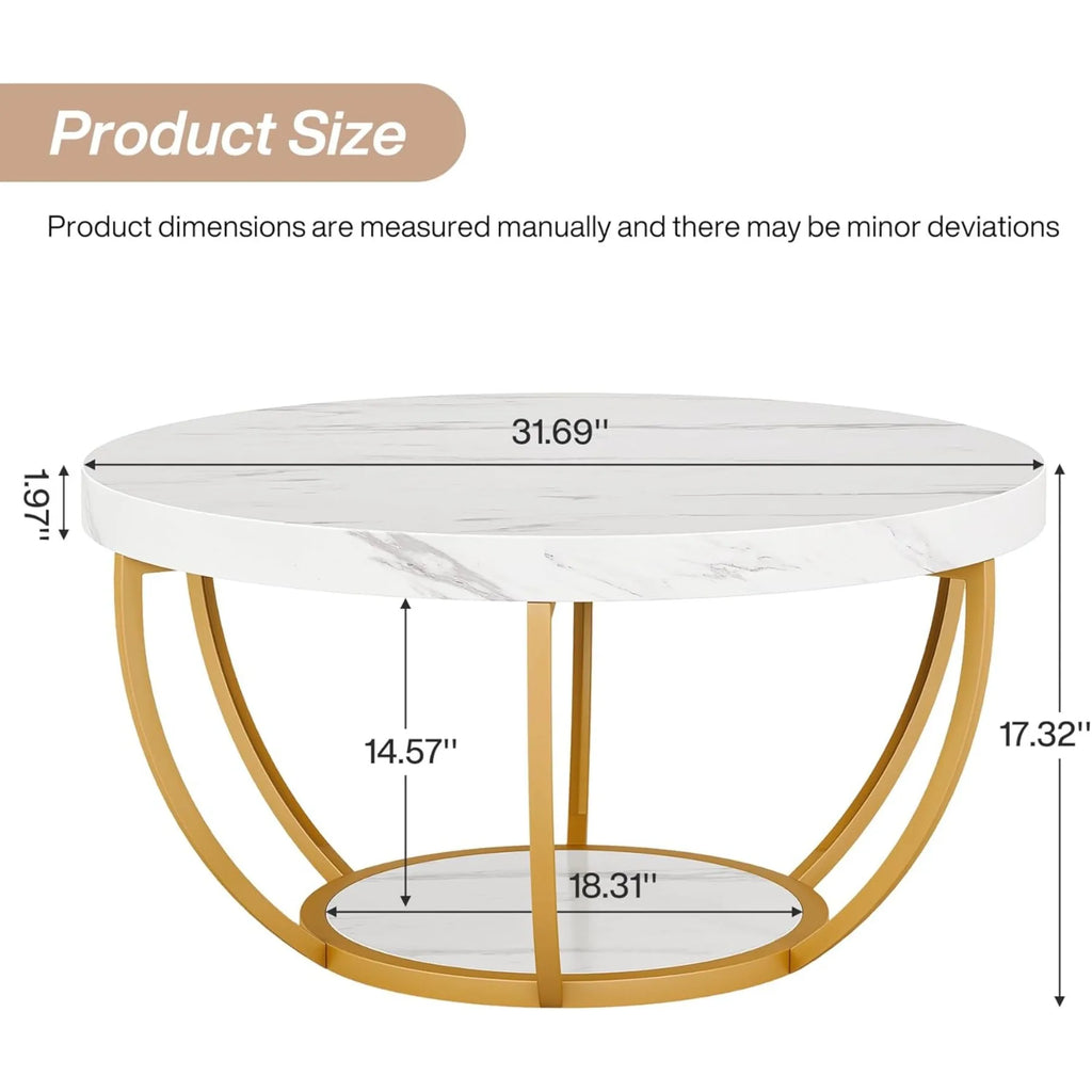 2 Tier Coffee Table with Faux White Marble and Golden Metal Legs, Circle Center Table Tea Table Accent Furniture for Living Room