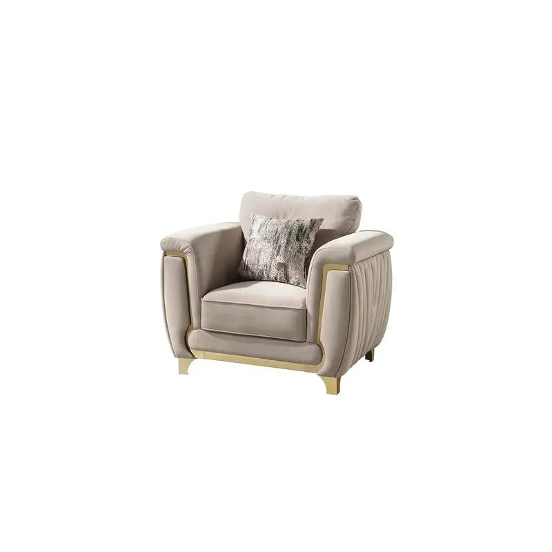 Contemporary Upholstered Chair, Wood Frame with Gold Accents, Beige Fabric