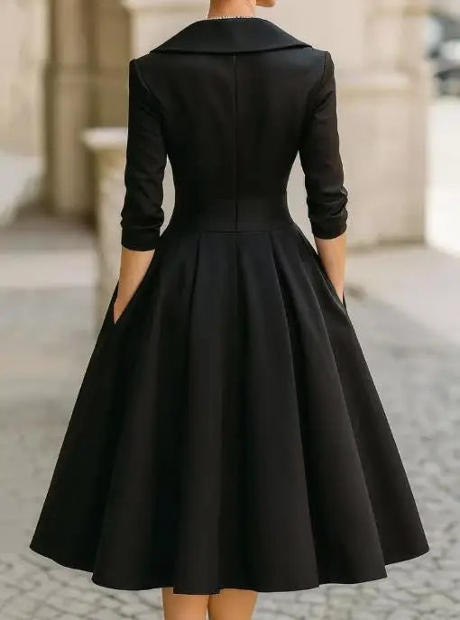 Women's Dress 2025 Elegant Temperament Waist Tied Dress Autumn Lapel Solid Color High Waist Slim Fit Long Sleeved Banquet Dress