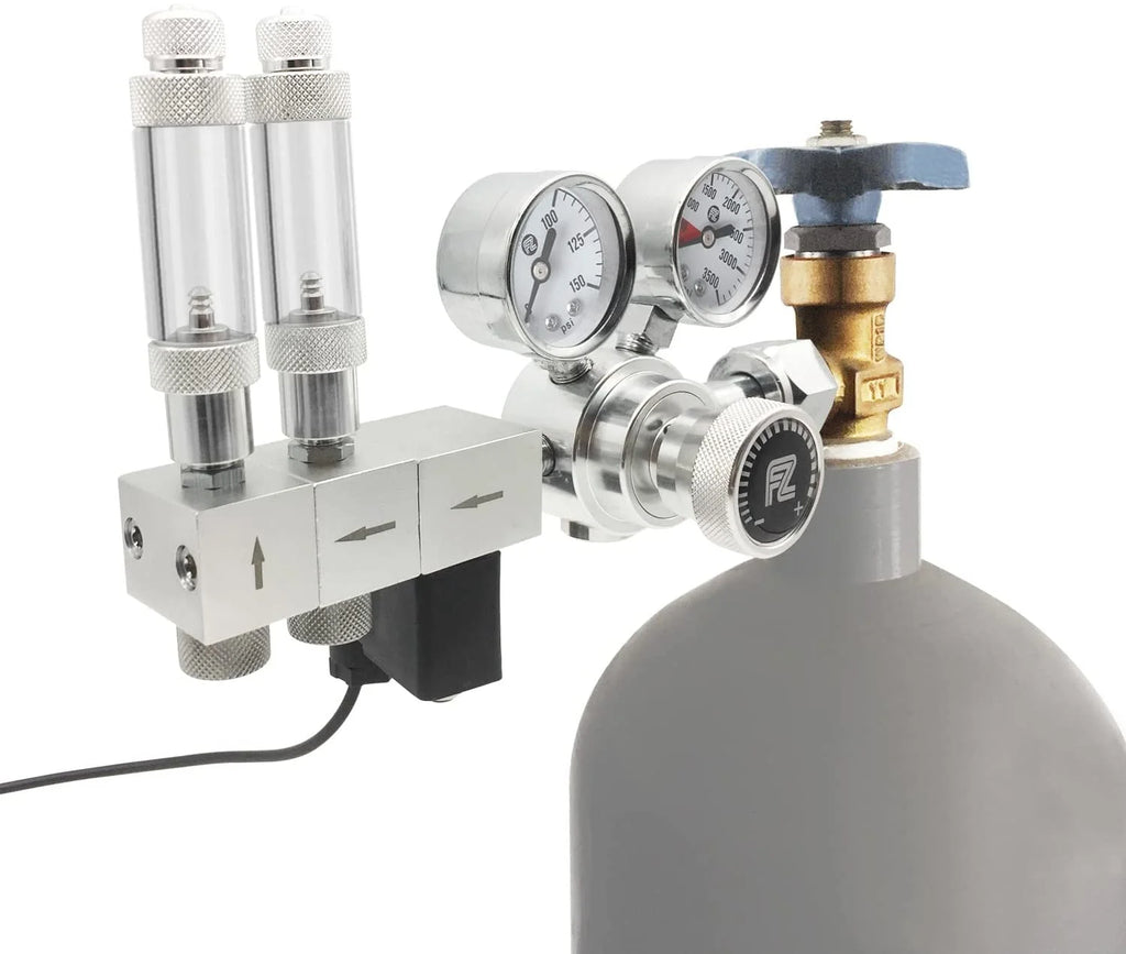 FZONE Aquarium Pro Series Dual Stage CO2 Regulator Adjustable Output Pressure with DC Solenoid and Expendable Manifold