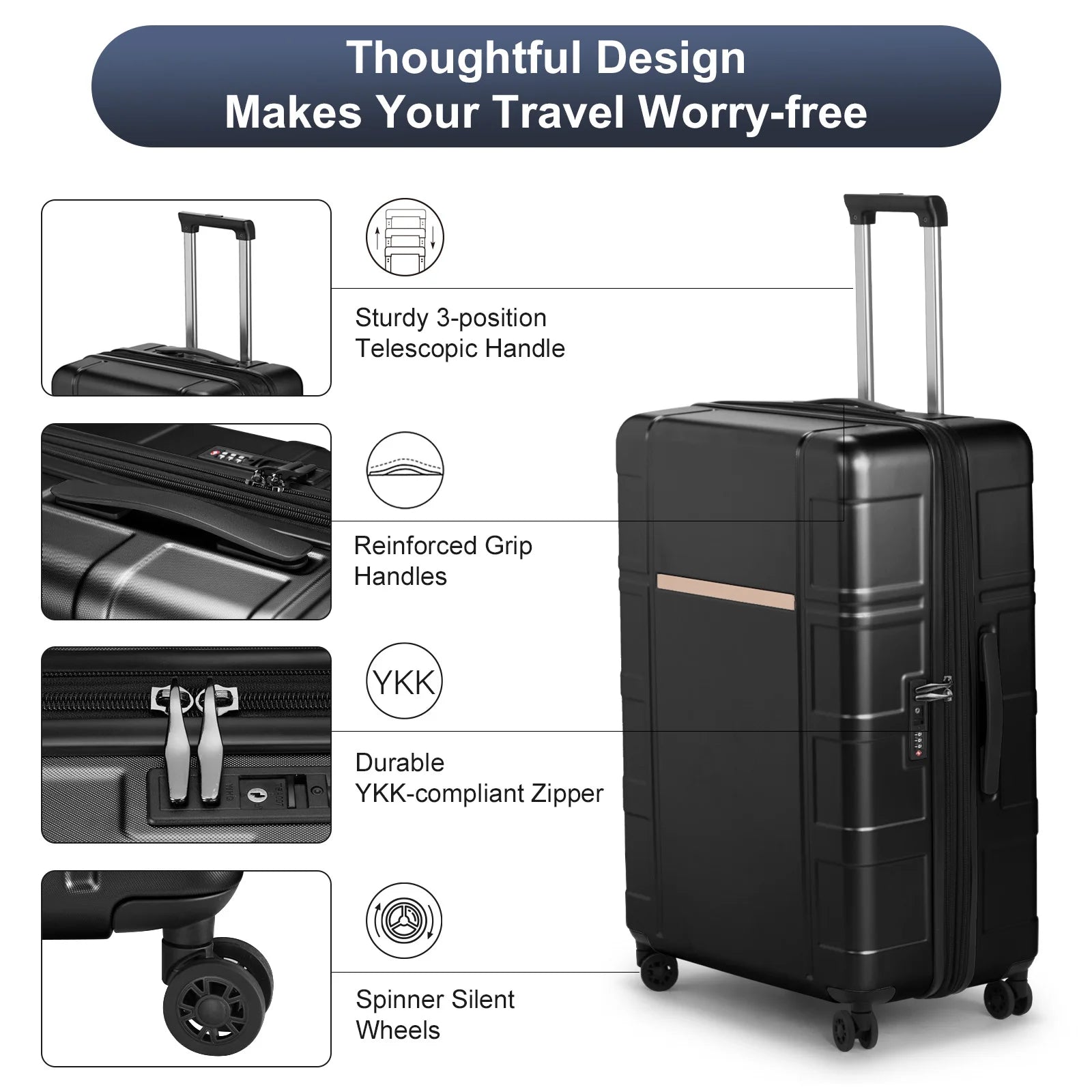 Luggage Expandable Suitcase, PC+ABS 3 Piece Set with TSA Lock Spinner, 360° Silent Spinner Wheels, Side Bumper Feet