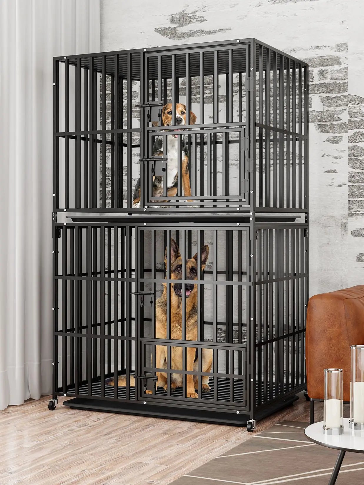 Dog Kennels Heavy Duty Metal Dog Crate Cage House with Removable Tray and Steel Lock Latch for All Breeds Double-layer