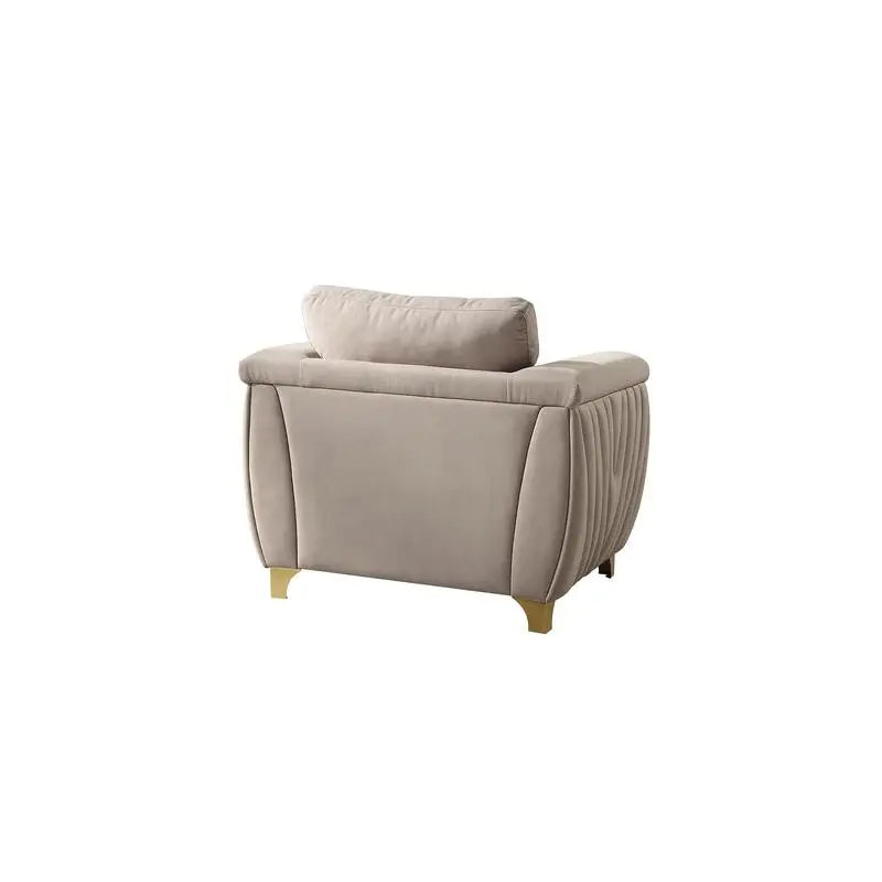 Contemporary Upholstered Chair, Wood Frame with Gold Accents, Beige Fabric