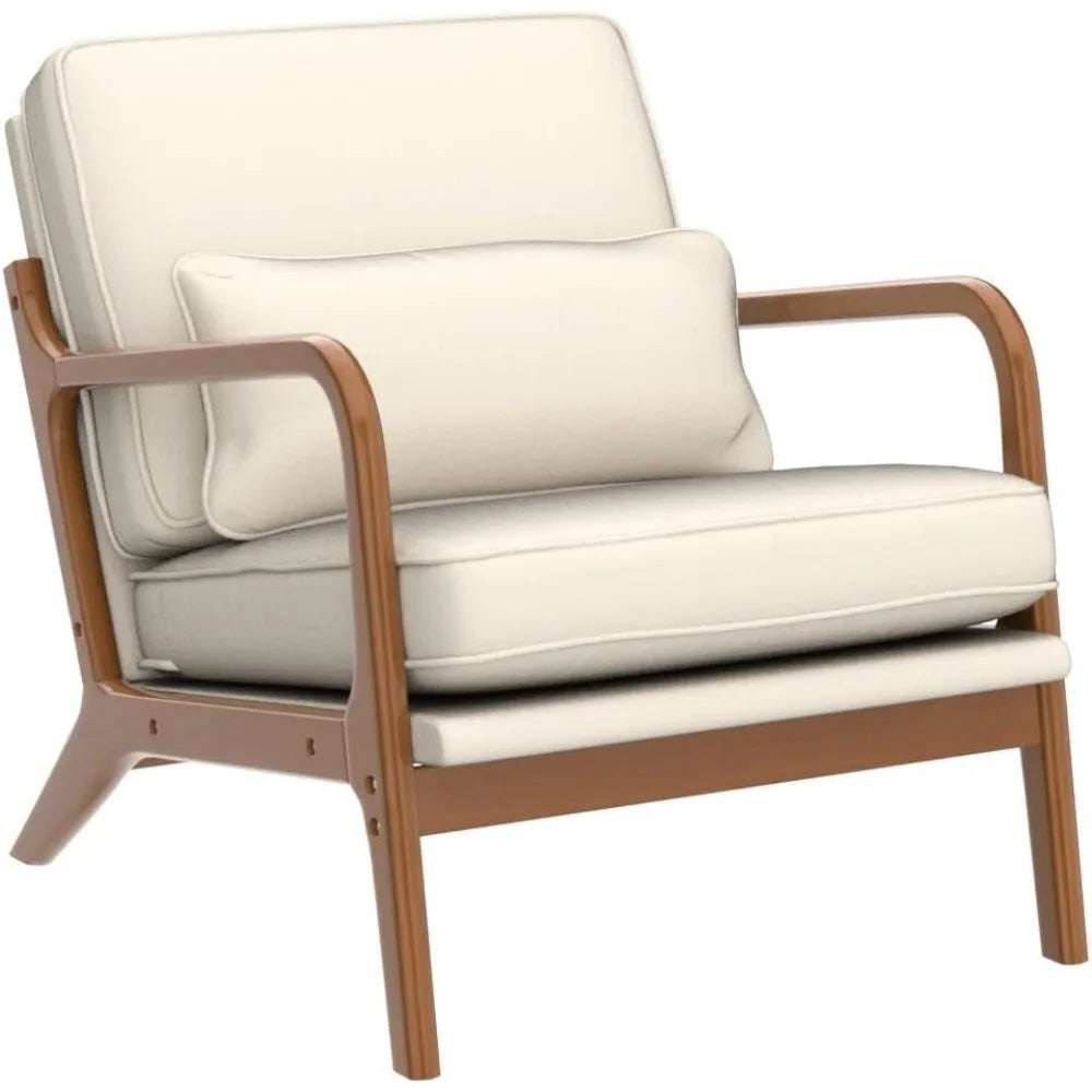 Accent Chair Mid-Century Modern Chair with Pillow Linen Fabric Upholstered Lounge Arm Chair with Solid Wood Frame & Soft Cushio