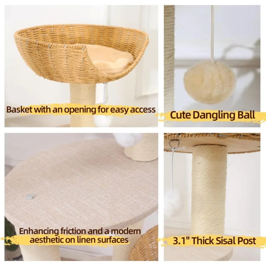 Modern Cat Tree Tower with 3 Large Rattan Wicker Basket Beds and Window Perch Ideal for Cats up to 20 lbs Perfect Indoor Relaxa