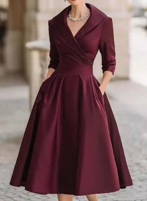 Women's Dress 2025 Elegant Temperament Waist Tied Dress Autumn Lapel Solid Color High Waist Slim Fit Long Sleeved Banquet Dress