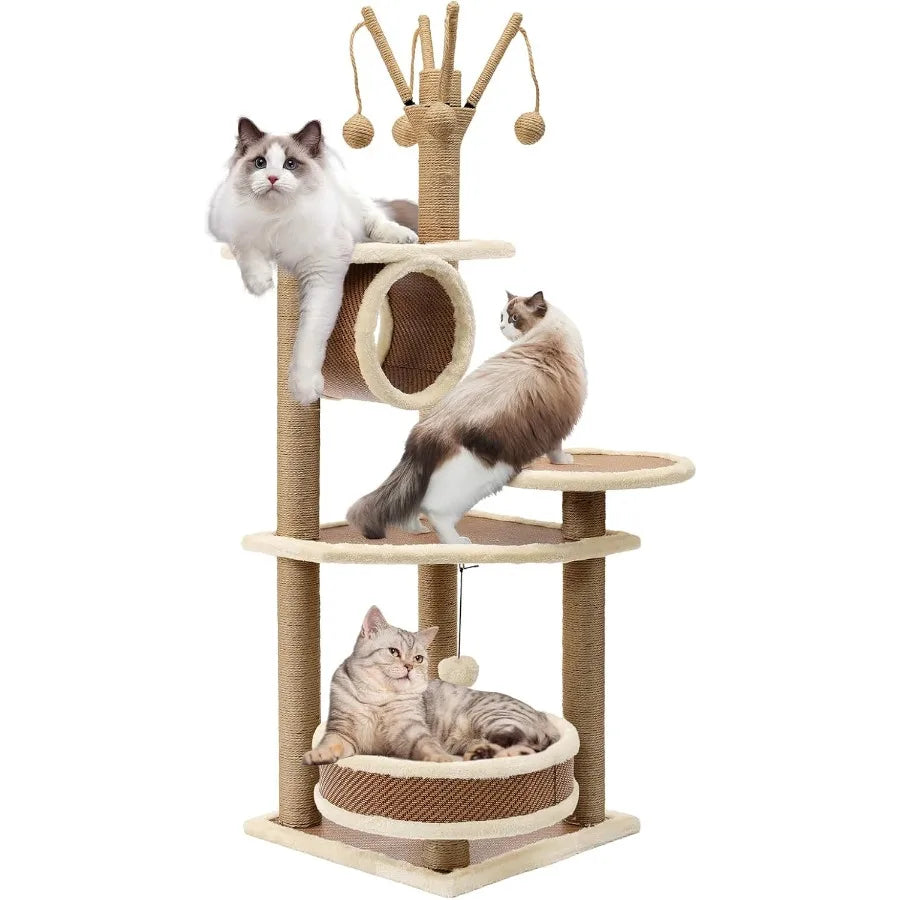 Modern Rattan Cat Tree House Condo Tall Heavy Duty Cat Climbing Tower with Scratching Post Basket Bed and Stand for Indoor Larg
