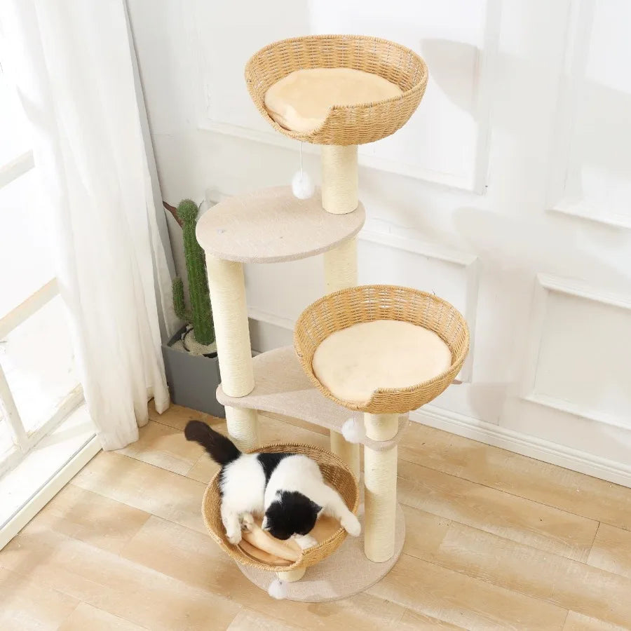 Modern Cat Tree Tower with 3 Large Rattan Wicker Basket Beds and Window Perch Ideal for Cats up to 20 lbs Perfect Indoor Relaxa