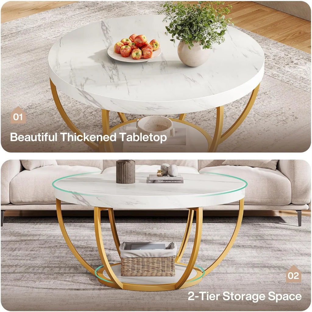 2 Tier Coffee Table with Faux White Marble and Golden Metal Legs, Circle Center Table Tea Table Accent Furniture for Living Room