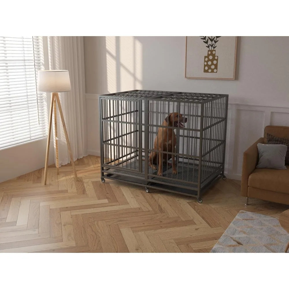Heavy-Duty 54/48/42/38 Inch Dog Crate with Wheels, Indestructible Steel Kennel for Indoor Use, Ideal for High Anxiety Dogs
