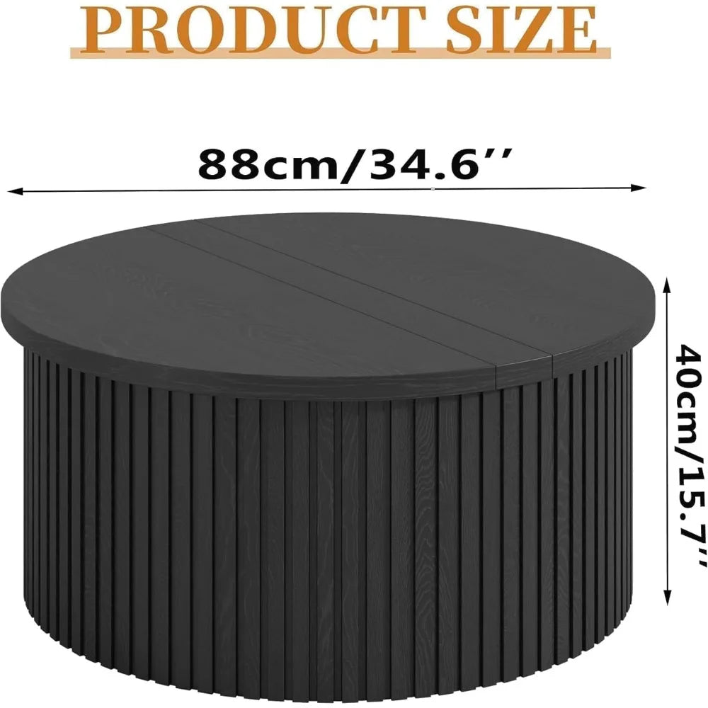 Contemporary 31.6 Inch Round Lift Top Coffee Table with Concealed Storage for Living Room, Circular Wooden Fluted Centerpiece