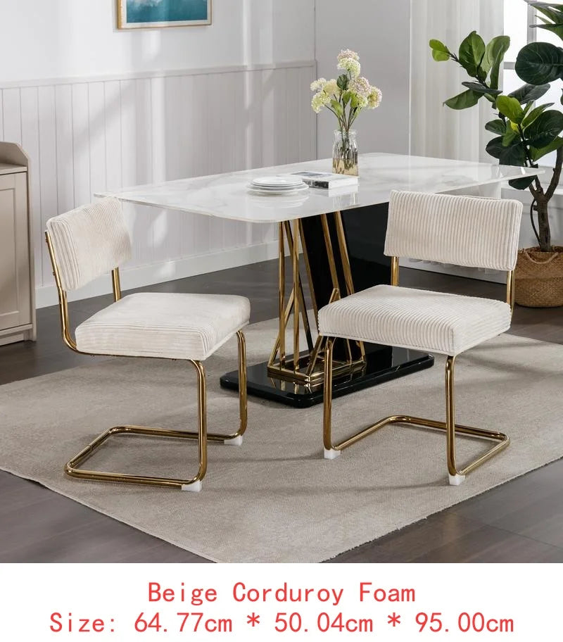 Modern Dining Chairs Set of 2, Armless Kitchen Side Chairs with Beige Corduroy Fabric and Gold Metal Base, Accent Seating with