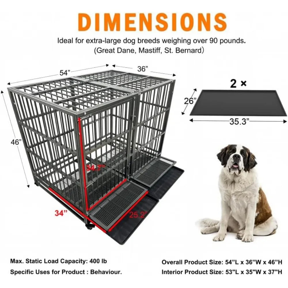 Heavy-Duty 54/48/42/38 Inch Dog Crate with Wheels, Indestructible Steel Kennel for Indoor Use, Ideal for High Anxiety Dogs