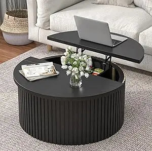 Contemporary 31.6 Inch Round Lift Top Coffee Table with Concealed Storage for Living Room, Circular Wooden Fluted Centerpiece