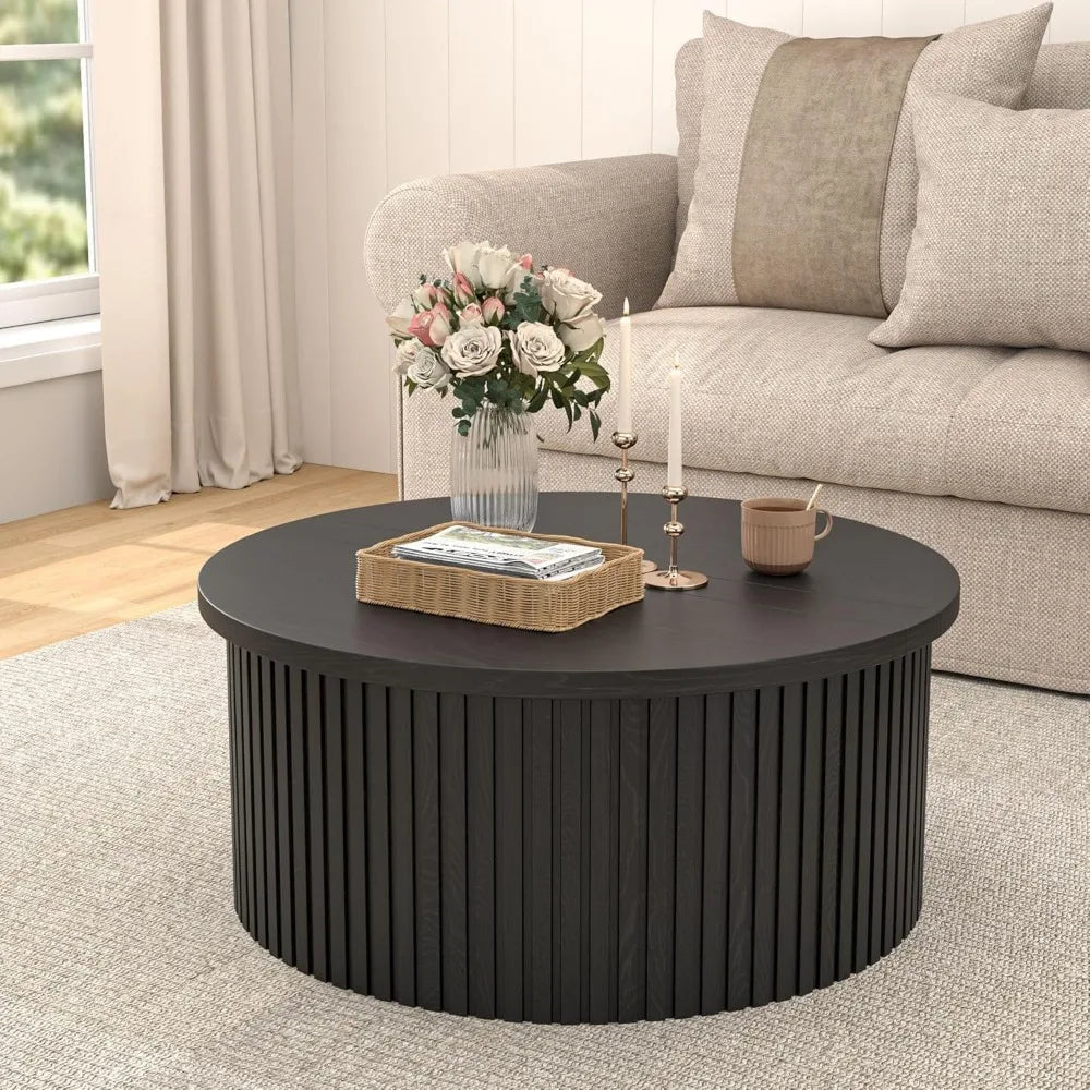 Contemporary 31.6 Inch Round Lift Top Coffee Table with Concealed Storage for Living Room, Circular Wooden Fluted Centerpiece