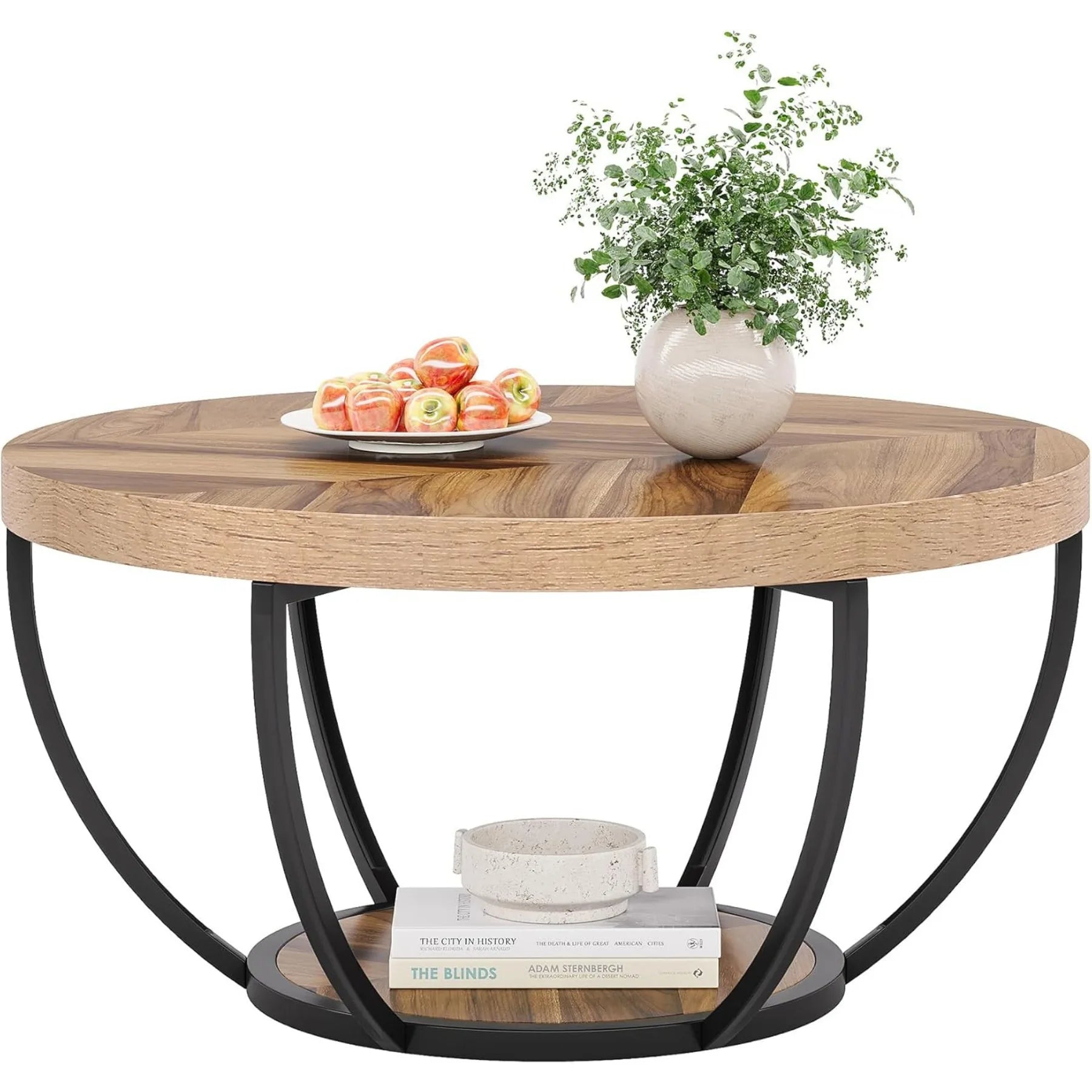 2 Tier Coffee Table with Faux White Marble and Golden Metal Legs, Circle Center Table Tea Table Accent Furniture for Living Room