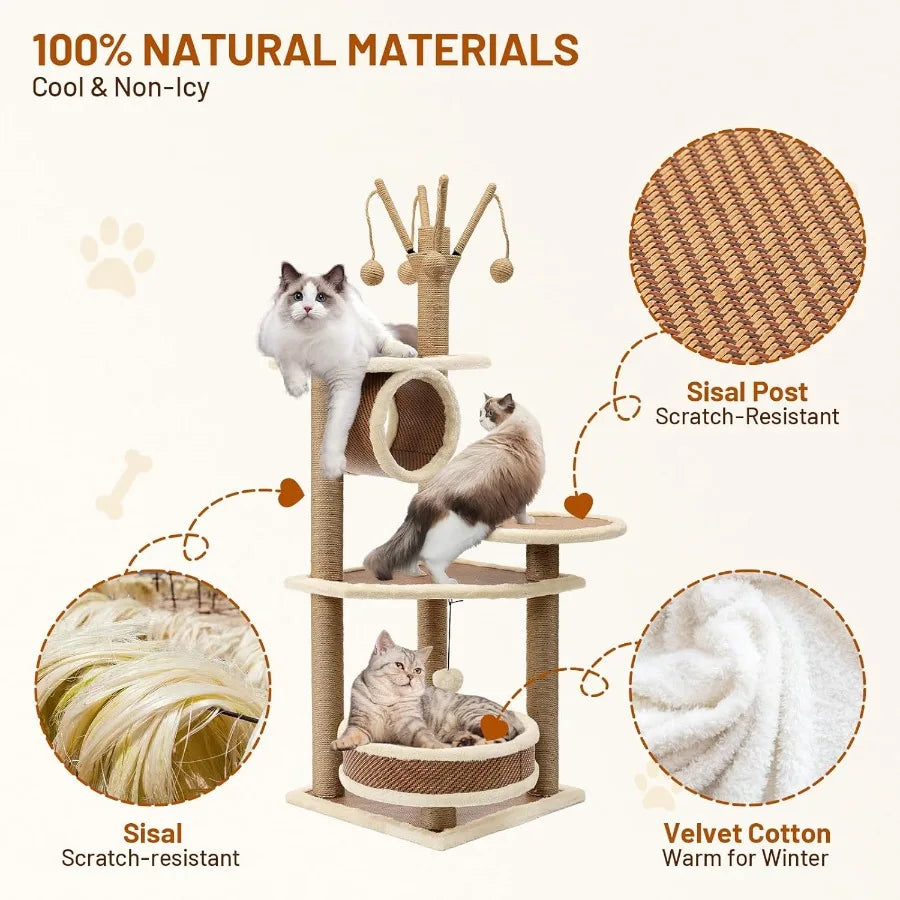 Modern Rattan Cat Tree House Condo Tall Heavy Duty Cat Climbing Tower with Scratching Post Basket Bed and Stand for Indoor Larg