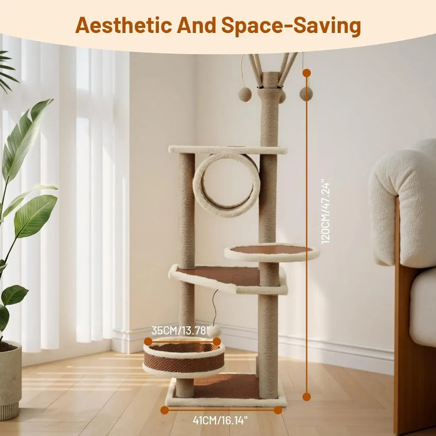 Modern Rattan Cat Tree House Condo Tall Heavy Duty Cat Climbing Tower with Scratching Post Basket Bed and Stand for Indoor Larg