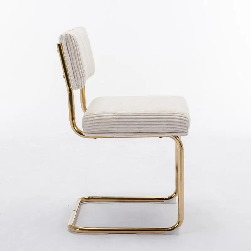 Modern Dining Chairs Set of 2, Armless Kitchen Side Chairs with Beige Corduroy Fabric and Gold Metal Base, Accent Seating with