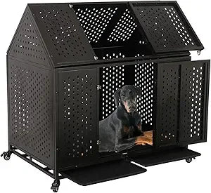 44'' indestructible heavy duty roof dog crate - steel construction with lockable double door - indoor kennel for large dogs with