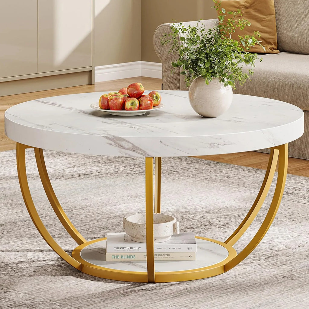 2 Tier Coffee Table with Faux White Marble and Golden Metal Legs, Circle Center Table Tea Table Accent Furniture for Living Room