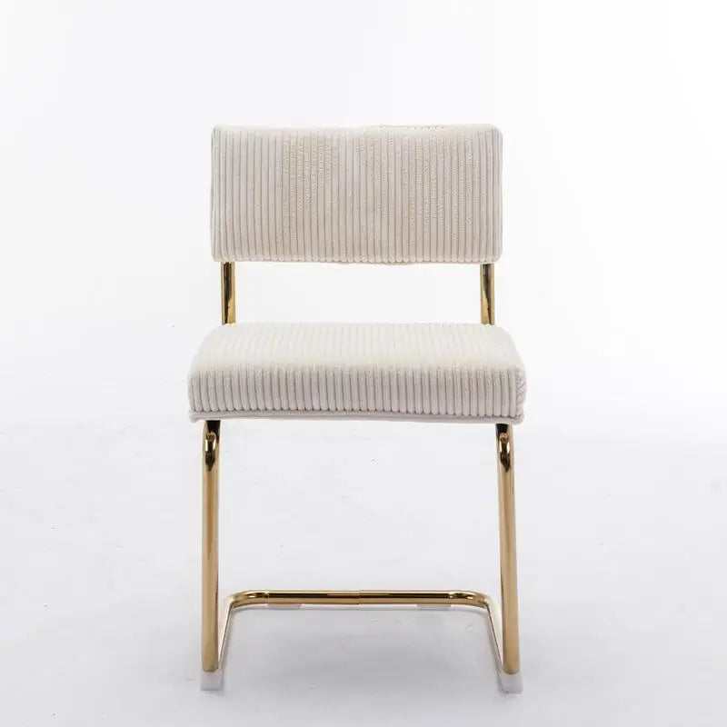 Modern Dining Chairs Set of 2, Armless Kitchen Side Chairs with Beige Corduroy Fabric and Gold Metal Base, Accent Seating with