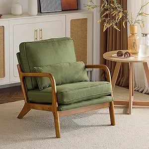 Accent Chair Mid-Century Modern Chair with Pillow Linen Fabric Upholstered Lounge Arm Chair with Solid Wood Frame & Soft Cushio
