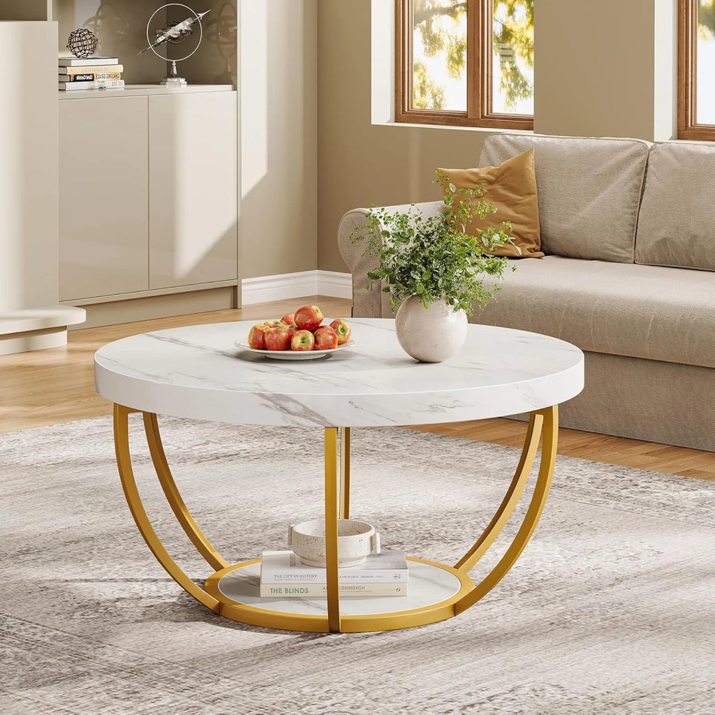 2 Tier Coffee Table with Faux White Marble and Golden Metal Legs, Circle Center Table Tea Table Accent Furniture for Living Room
