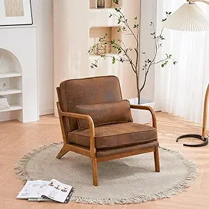 Accent Chair Mid-Century Modern Chair with Pillow Linen Fabric Upholstered Lounge Arm Chair with Solid Wood Frame & Soft Cushio