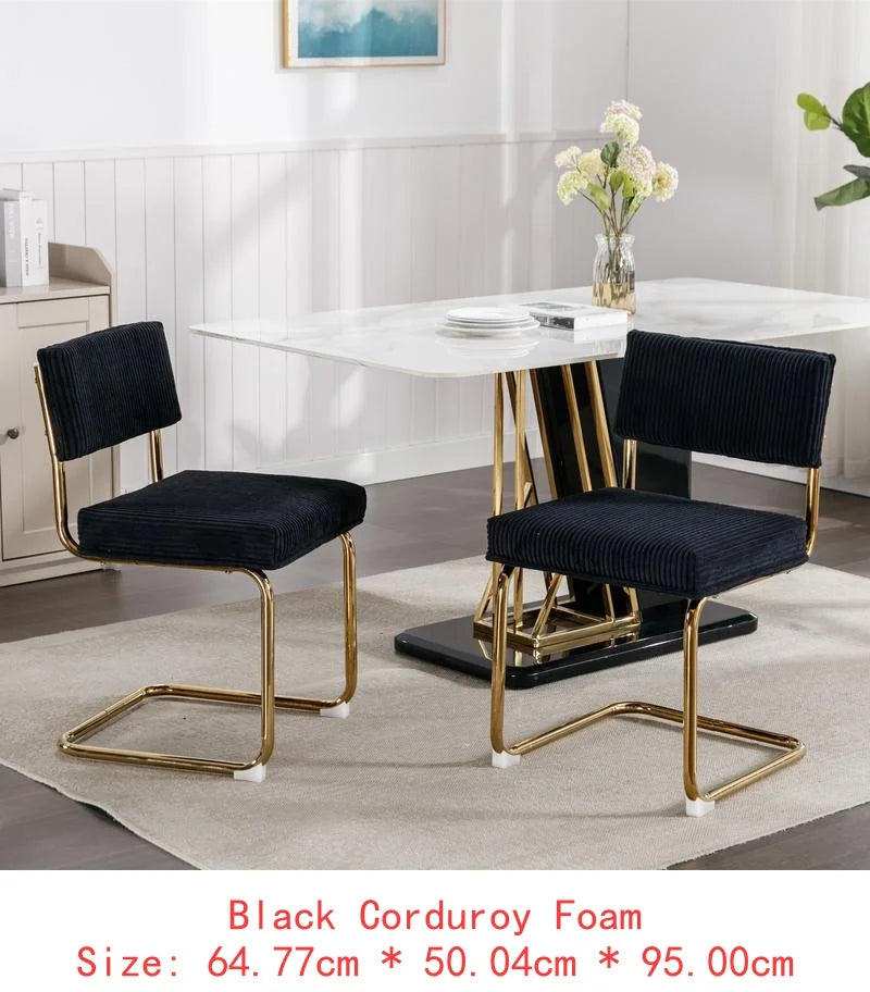 Modern Dining Chairs Set of 2, Armless Kitchen Side Chairs with Beige Corduroy Fabric and Gold Metal Base, Accent Seating with