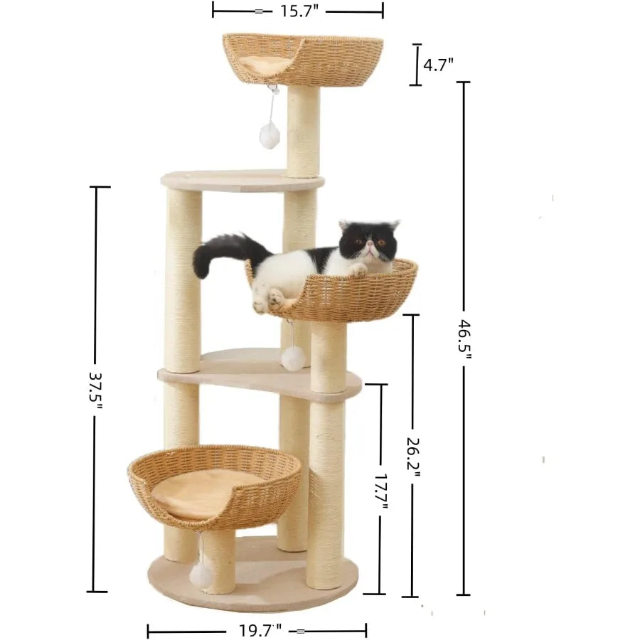 Modern Cat Tree Tower with 3 Large Rattan Wicker Basket Beds and Window Perch Ideal for Cats up to 20 lbs Perfect Indoor Relaxa